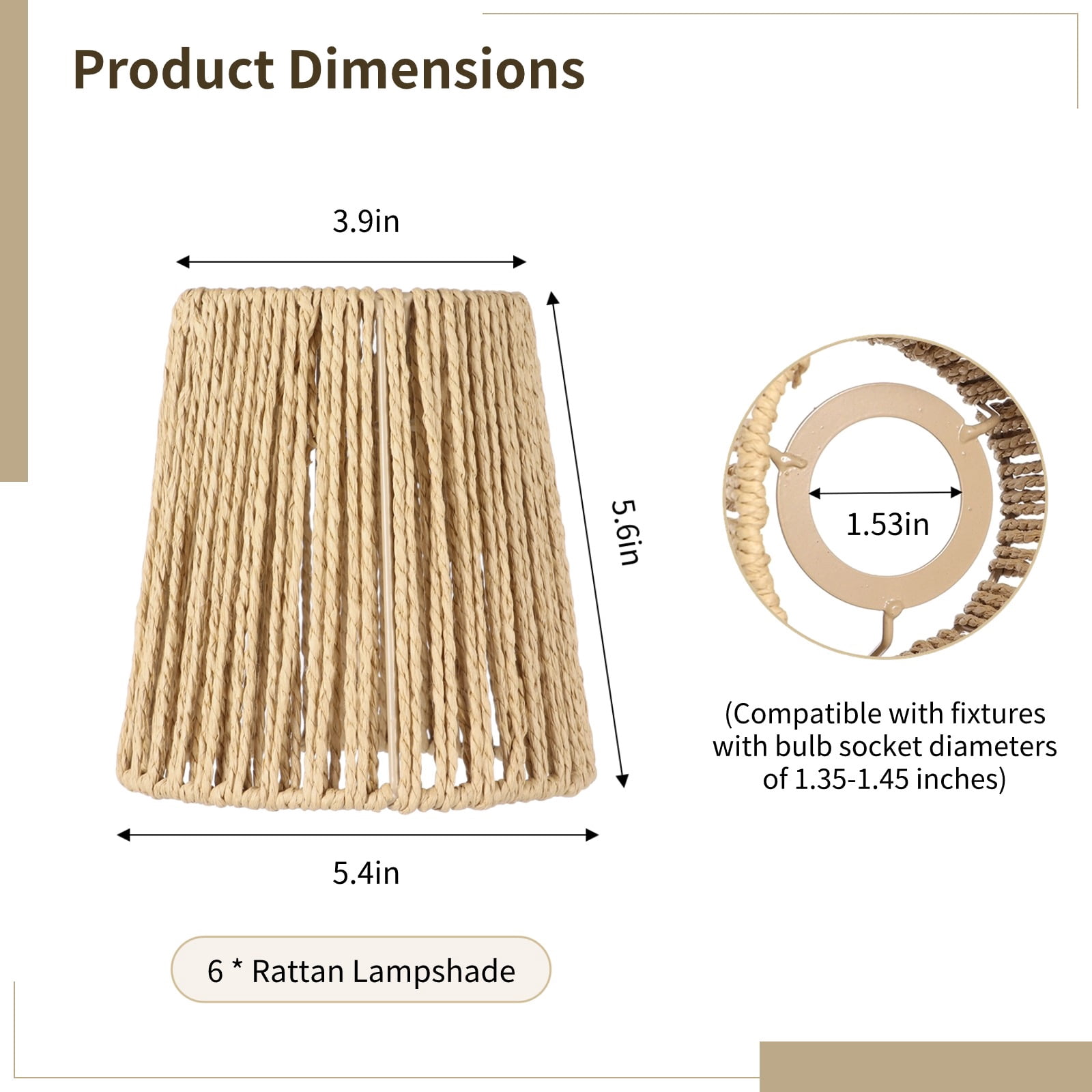 6Pcs Rattan Lamp Shades, Rattan Lampshade Replacement, Nature Touch Hand Woven Rattan Shade for Table Lamps, Chandeliers, Pendant Lights, Wall Sconces, 3.9" Top x 5.6" Slant Height x 5.4" Bottom
