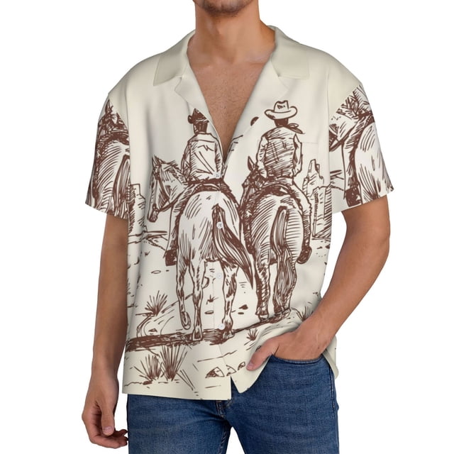 Fotbe Cowboys Riding Horses Camisa Estampada de Manga Corta para Hombre, Casual de Verano, Estilo Playero, Sin Arrugas-XX-Large