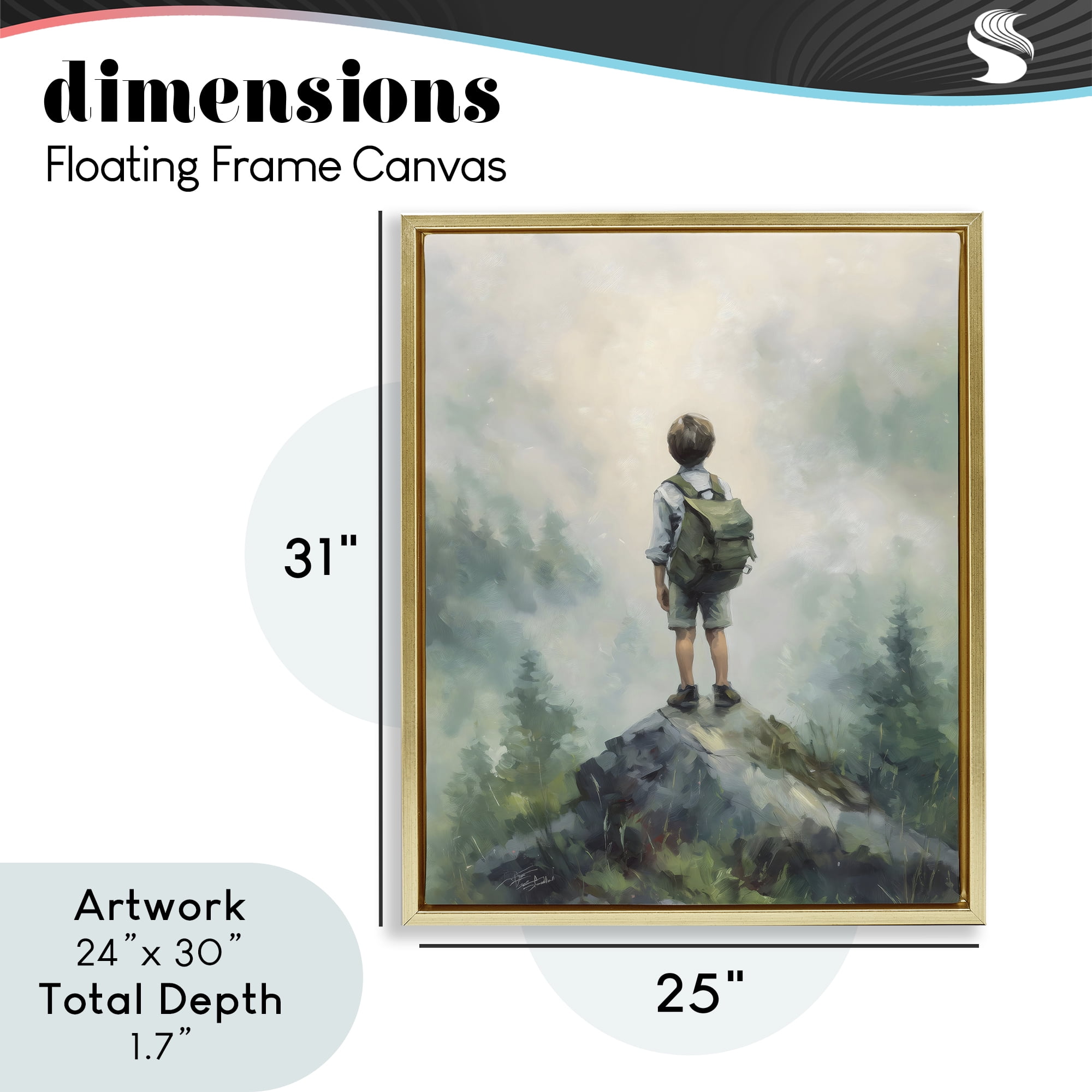 Boy Adventurer Atop Mountain Gold Framed Floater Canvas Wall Art, design by Arlington Prints