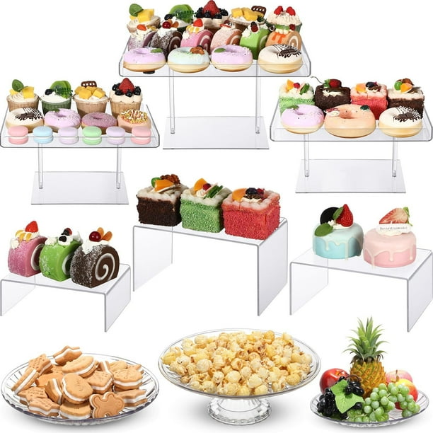 RimCereal - Juego de 9 soportes acrílicos para tartas que incluye 3 elevadores de exhibición, 3 unidades de torre de cupcakes y 3 bandejas redondas transparentes para postre para bodas, cumpleaños