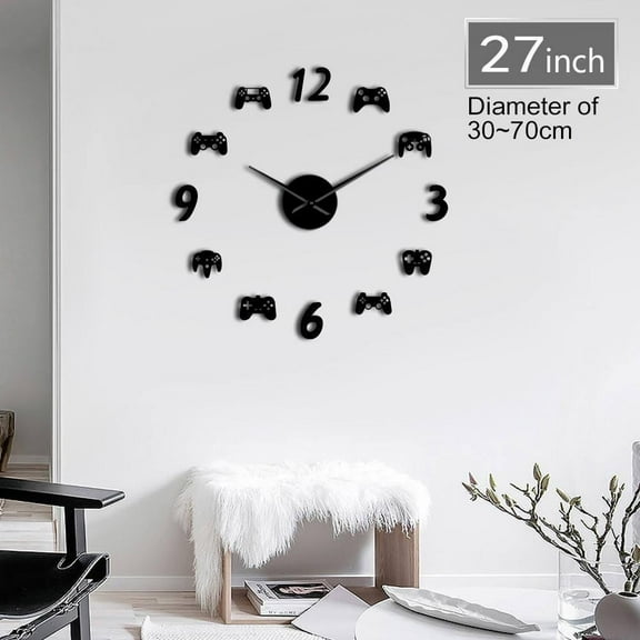 Gamepad DIY Wall Clock Modern Design Video Game Controllers Giant Wall Clock 3D Mirror Effect Wall Decor Sticker Huge Wall Watch(Black,27inch)