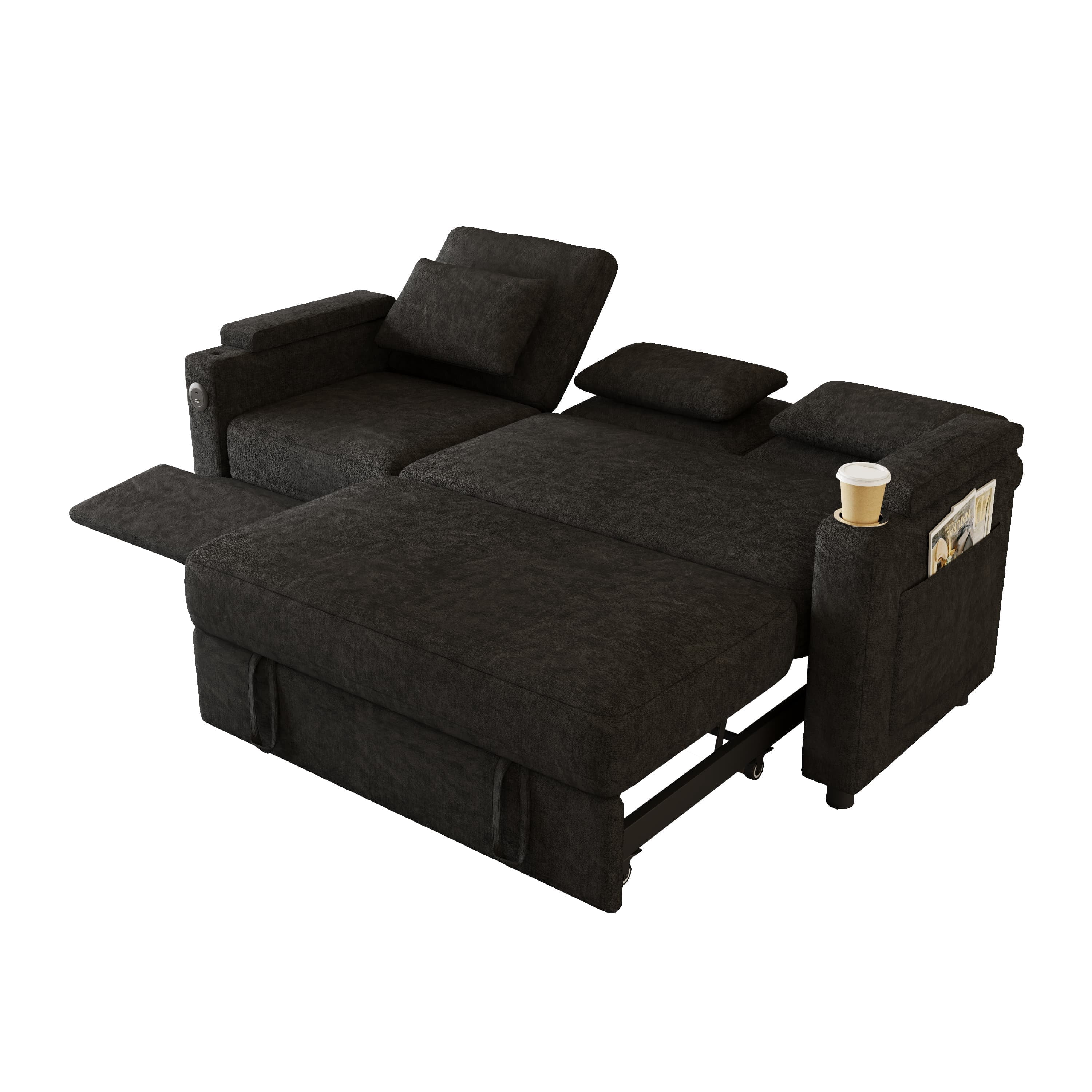 Aukfa 83" Convertible Sofa Bed, Chenille 3-Seater Pull-Out Sleeper Couch with Recliner, USB Port, Swivel Table & Storage Armrests,Black