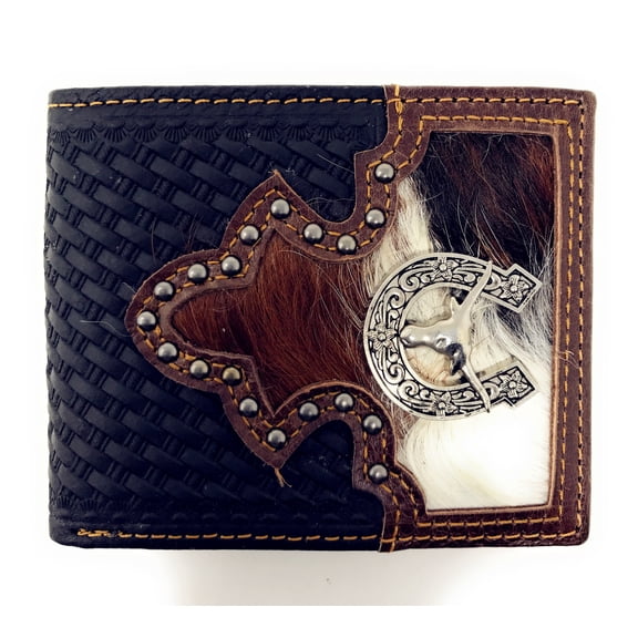 Western Genuine Woven Leather Longhorn Spur Cowhide Mens Bifold Short Wallet
