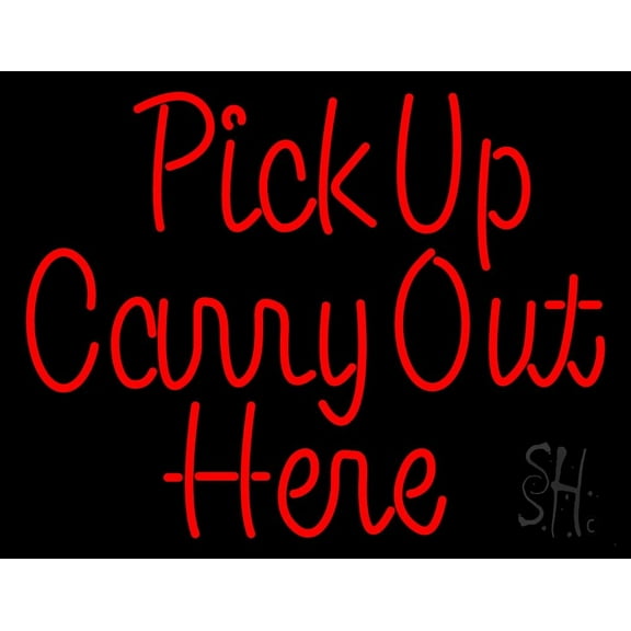 Pick Up Carry Out Here LED Neon Sign 15 x 19 - inches, Clear Edge Cut Acrylic Backing, with Dimmer - Bright and Premium built indoor LED Neon Sign for restaurant window and interior decor.