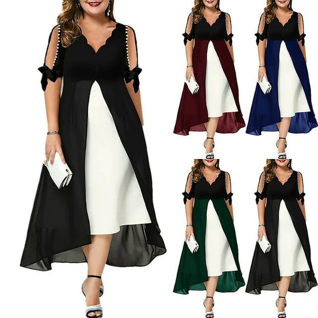 Women's Plus Size Midi A Line Dress Solid Patchwork Tops Cold Shoulder Sleeve Clothing V Neck Drawstring Leisure Comfy Summer Dresses for Female Blue M Rollbacks