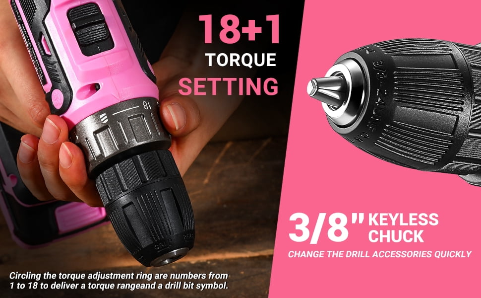 Power Drill Cordless: Pink Cordless Drill 20V Electric Power Drill Set Tool for Women