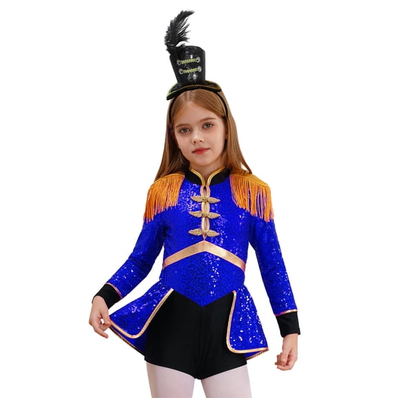 iiniim Girls Ringmaster Leotard Dress Long Sleeve Sparkly Sequins Dance Performance with Hat Set Blue 10