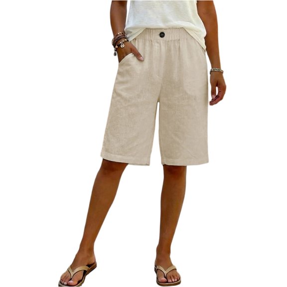 Women's Elastic Waist Bermuda Shorts Comfy Knee Length Shorts Casual Solid Color Summer Vacation Lounge Walking Beach Shorts with Pockets