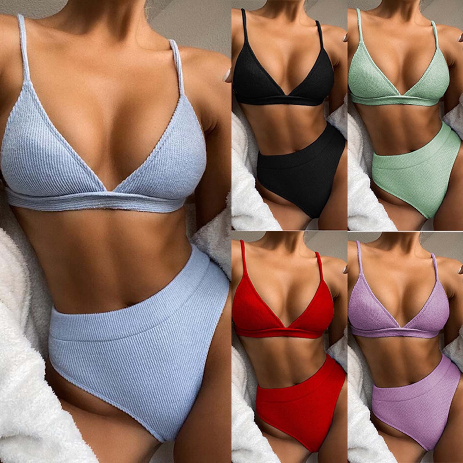 High Waisted Cutout Ribbed V Cut Bikini Set 2 Piece Swimsuit