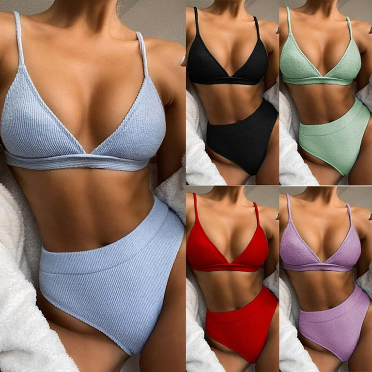 High Waisted Cutout Ribbed V Cut Bikini Set 2 Piece Swimsuit