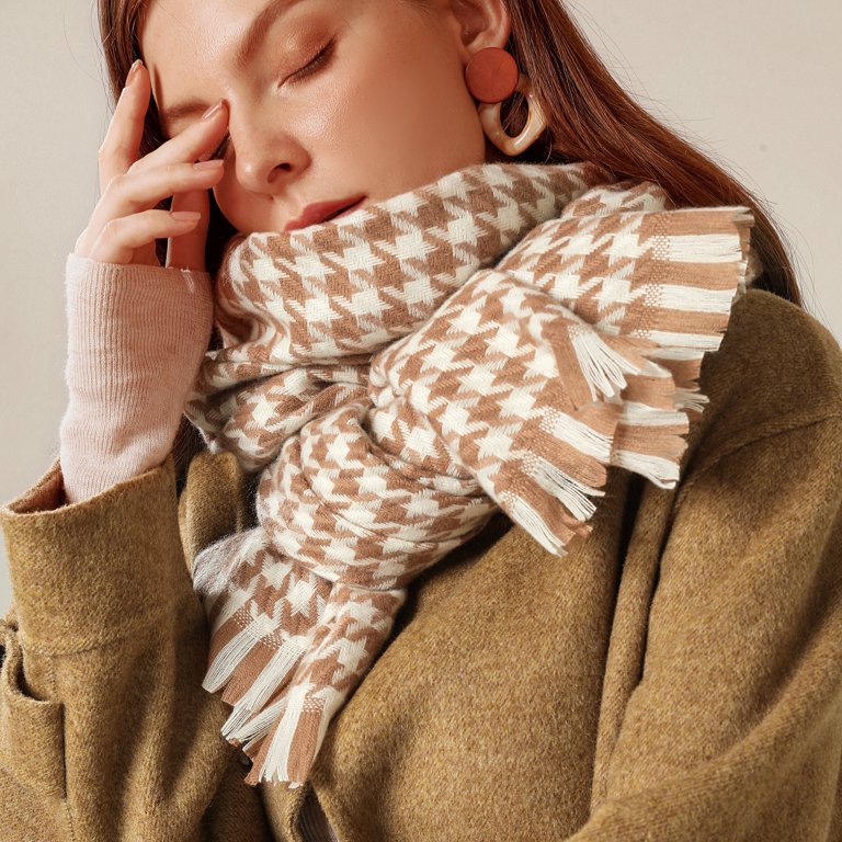 Warm Scarf for Women Winter Casual Fashion Printing Tassel Soft Muffler  Houndstooth Neckerchief Travel Faux Fur Shawl