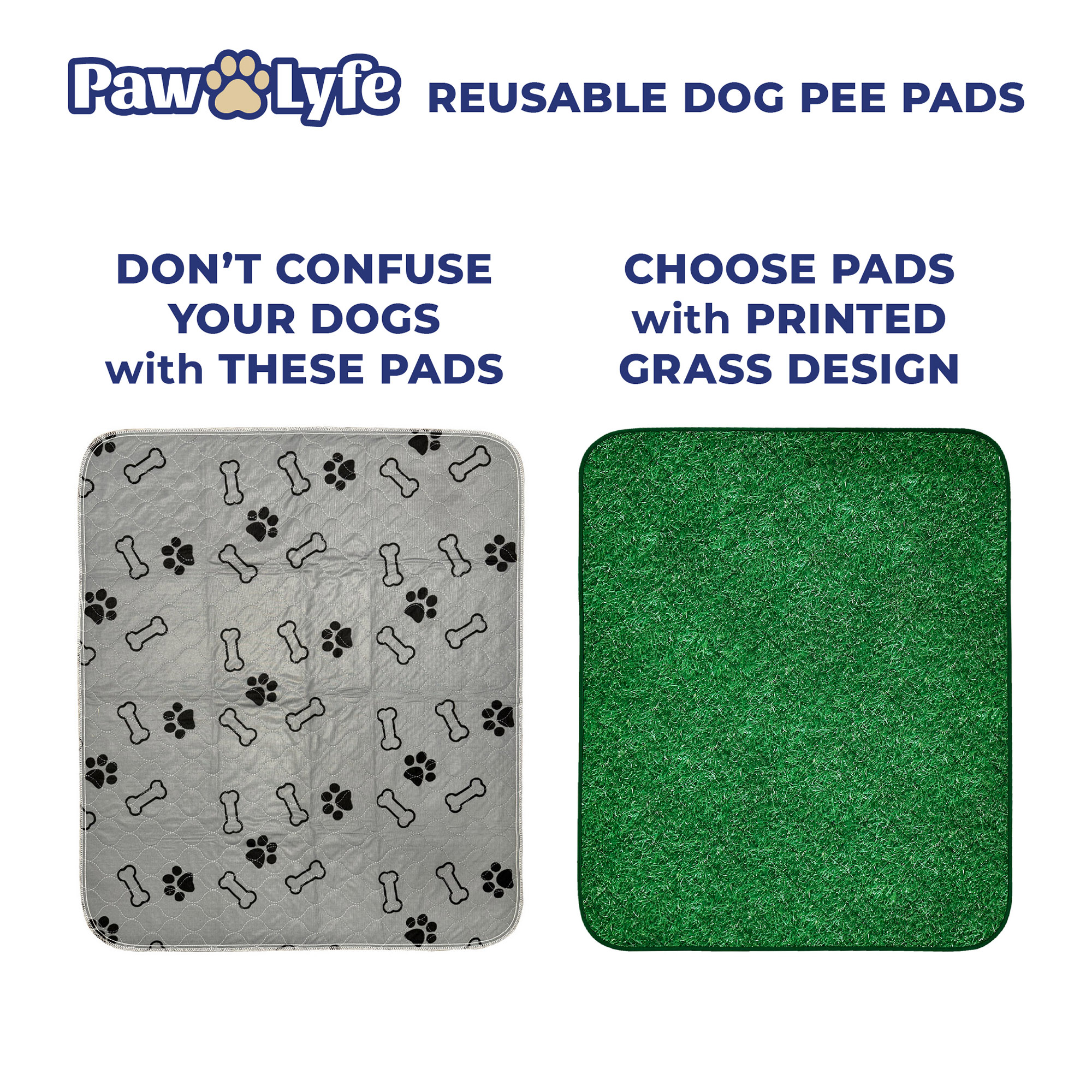 PawLyfe Dog Pee Pads, Reusable Puppy Pads, Pet Training Pads, Large Dog Pee Pad, Waterproof Pet Pads for Dog Bed Mat, Whelping Pads, Two 30"x36" Pads with Printed Grass Design