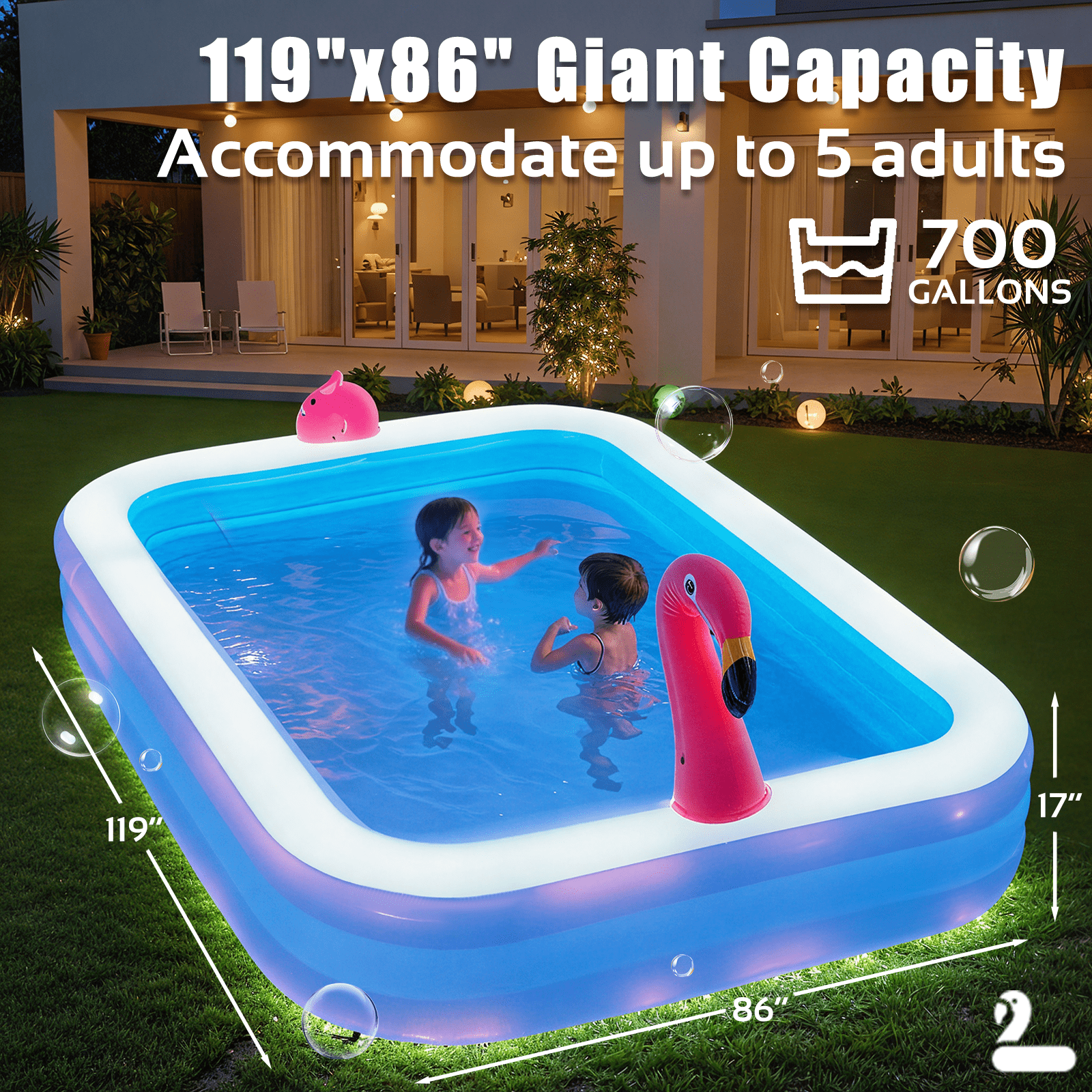 Danrelax 119" x 86" x 21" Inflatable LED Pool with 3 Modes, Electric Pump, Family Blow-Up Swimming Pool for Backyard, Adults and Kids