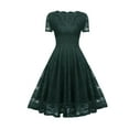 thumbnail image 6 of Green Dresses for Women Solid Color Short Sleeve Lace Dress V-Neck Slim Fit Vintage Cocktail Formal Prom Dress Midi Retro Elegant A-Line Blouse Waisted Pleated Swing Hem Dress,M, 6 of 6