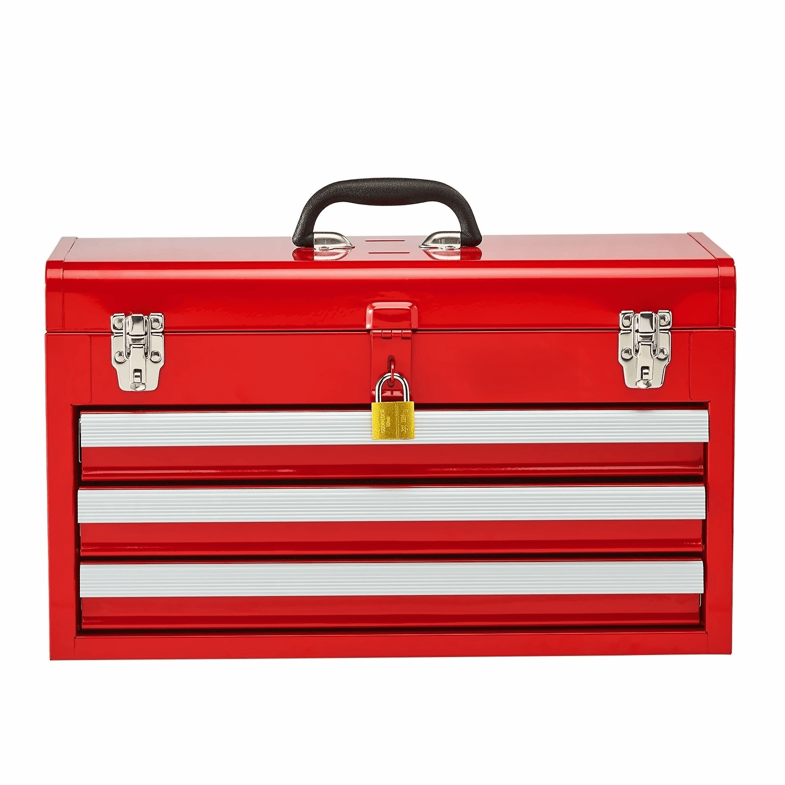 Metal Tool Box 20.5 inch Portable Tool Organizer with 3 Drawers, Red Steel Toolbox with Auto-Locking, Heavy Duty Tool Storage for Mechanic, Home, Automotive