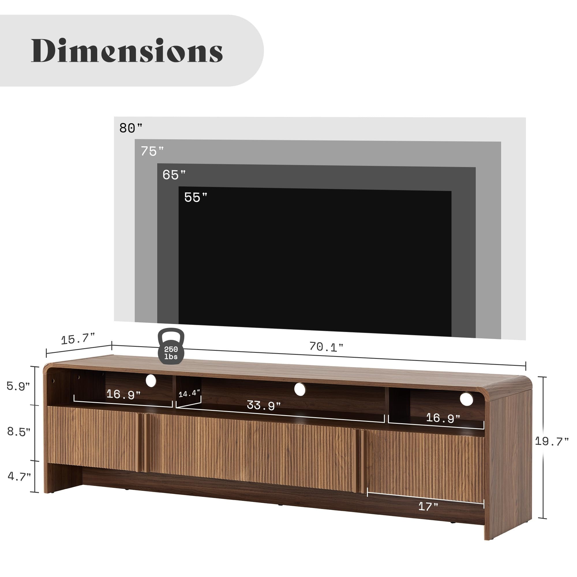 Papajet 70" Modern TV Stand for TVs up to 80", Fluted TV Console with Storage Cabinets, Wood Entertainment Center for Living Room, Brown
