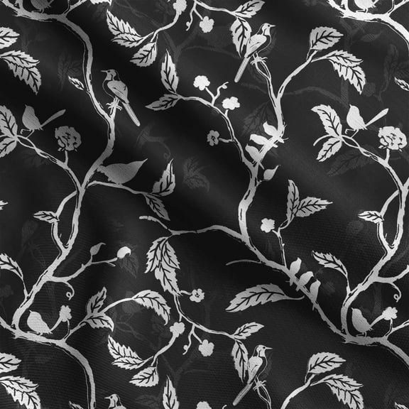 Soimoi Bird With Leaves Print, Silk Fabric, Decor Sewing Fabric by The Yard 42 Inch Wide,Decorative Fabric for Shirts Suits Ties, Black