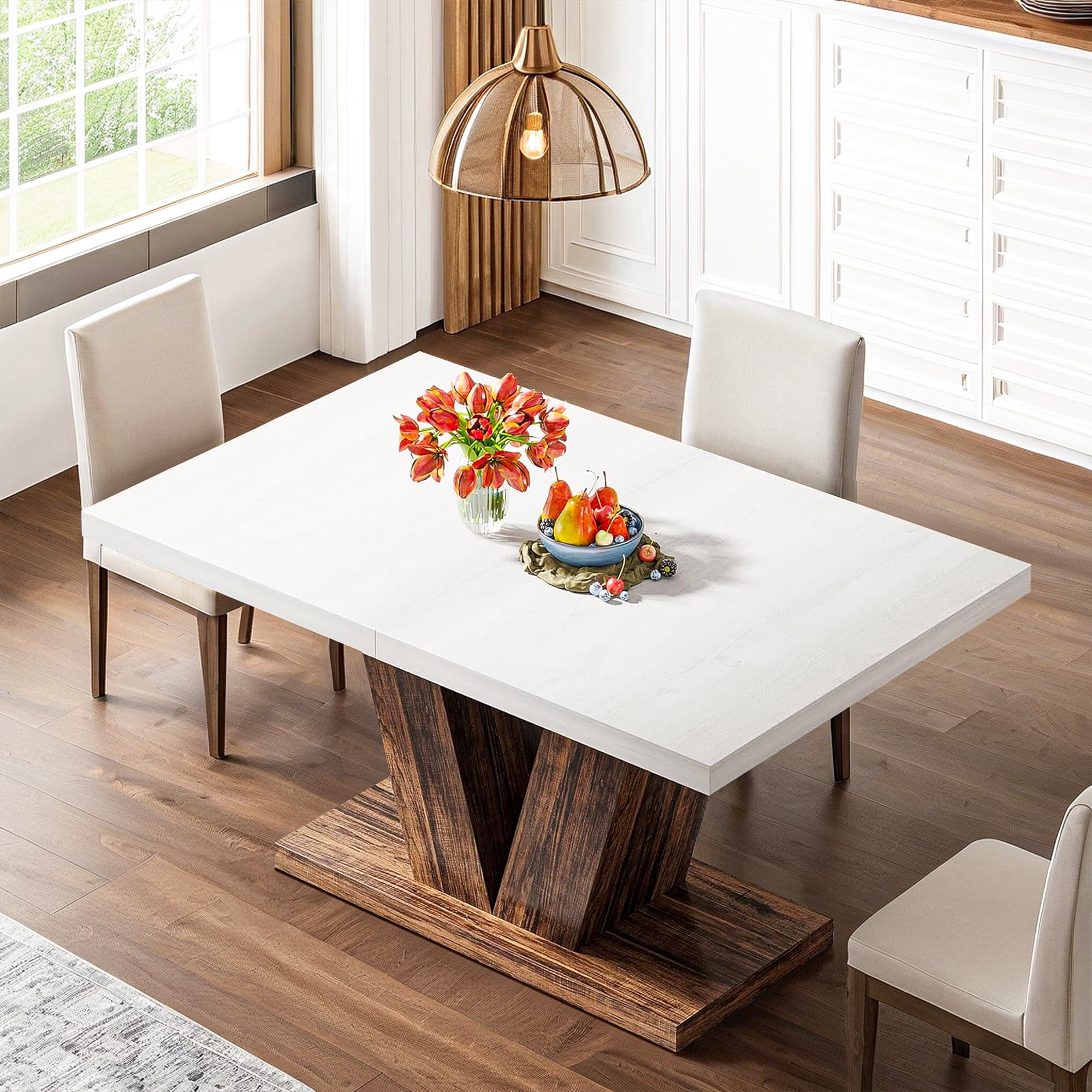 Demi Bonn 47" Farmhouse Dining Table, Wood Rectangular Kitchen Table with Duty Pedestal for Dining Room, Home Office, Living Room Furniture, White & Brown