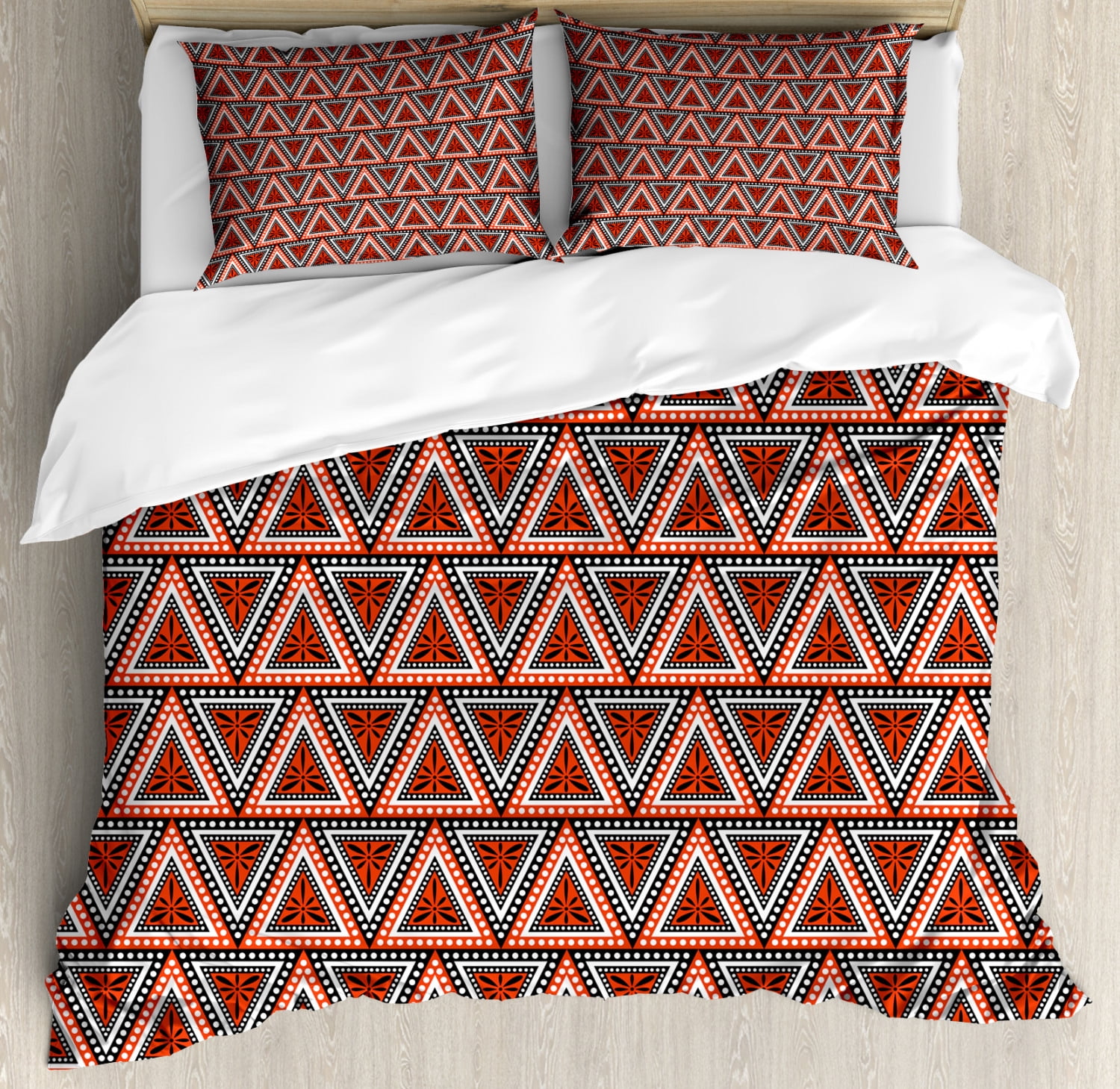 Ethnic Duvet Cover Set King Size, Hand Drawn Geometric Composition with