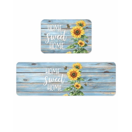 Sweet Home Kitchen Mats for Floor 2 Piece, Sunflower Vintage Rustic Lake Blue Stripe Wood Board Absorbent Non-Slip Kitchen Rugs Comfort Standing Mat for Laundry, Hallways 23.6"x35.4"+23.6"x70.9"