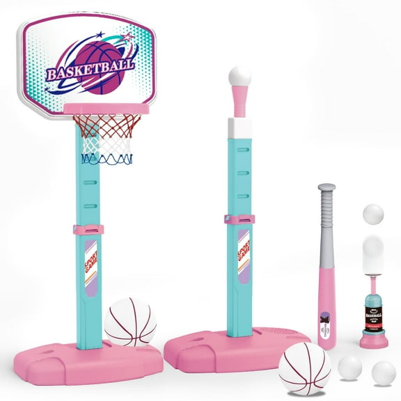 3 In 1 Basketball Hoop And Tee Ball Set For Girls: Baseball Tee With Automatic Pitching Machine Adjustable Height Outdoor And Indoor Sports Toys Christmas Birthday Gift For Kids Age 1-8 Year