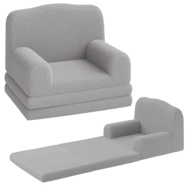 QinaQin Sillón infantil convertible de sherpa con funda lavable, diseño corona y formato 2 en 1, cómodo para leer o descansar, se despliega como camita para cuarto de juegos o guardería