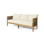 GDF Studio The Crowne Collection Outdoor Acacia Wood and Round Wicker 3 Seater Sofa with Cushions, Teak, Mixed Brown, and Beige