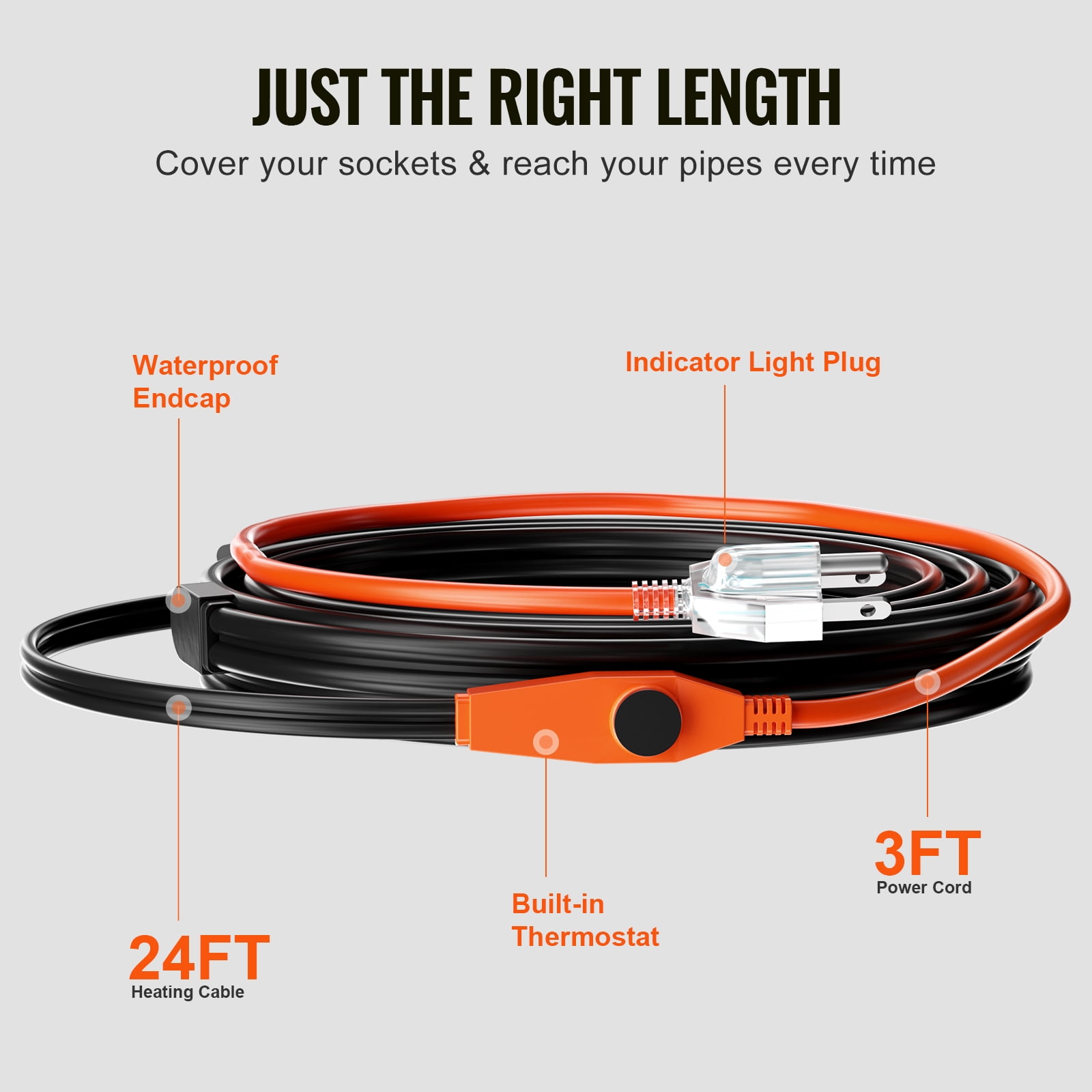KFFKFF Pipe Warming Wire, 24FT 7W/FT Thermal Tape for Tubes with Integrated Temperature Control, Water Pipe Warming Wire Shields PVC Tube, Metallic and Synthetic Tubes from Ice Formation