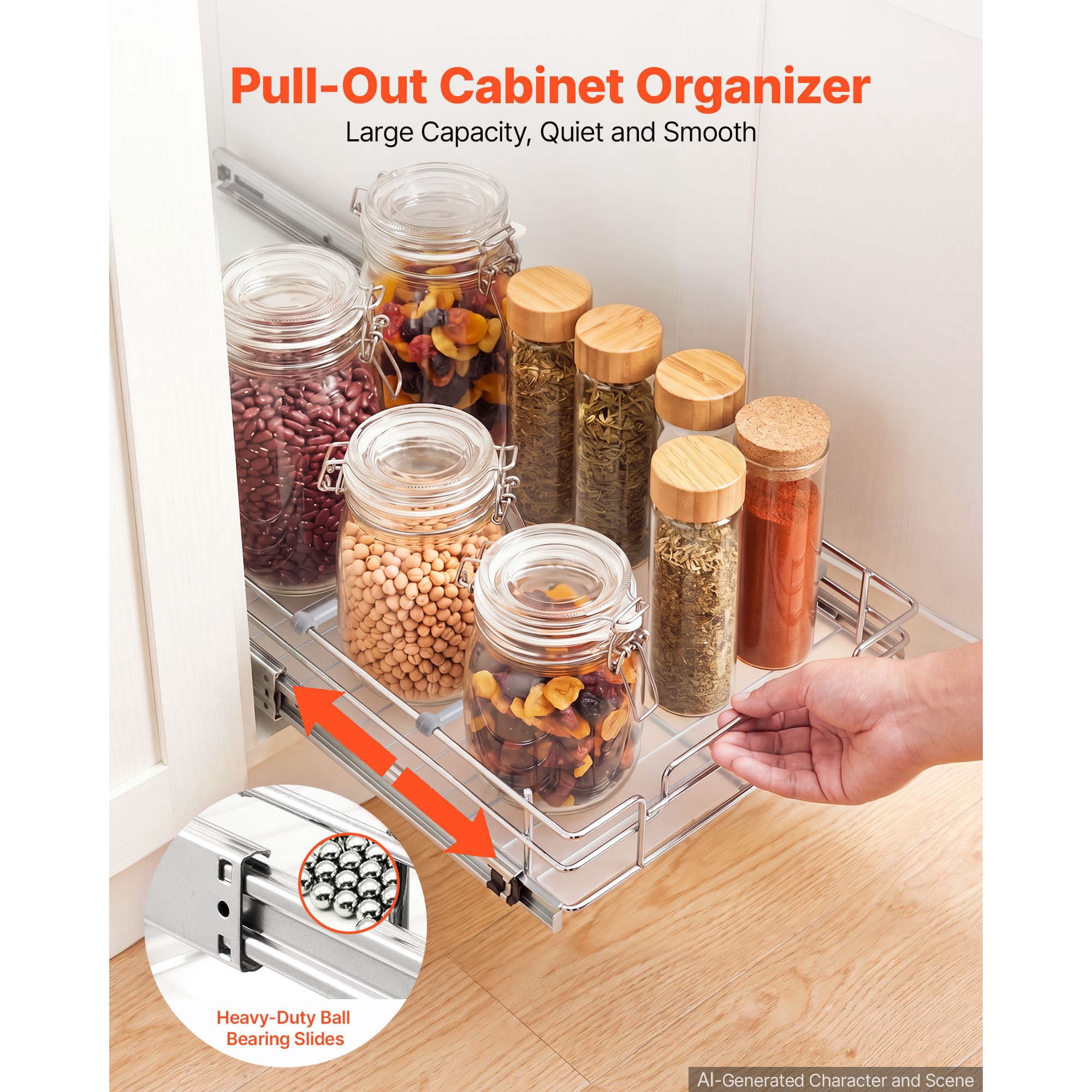 KFFKFF Pull-Out Cabinet Organizer 12.2"W x 20.98"D, Steel Sliding Drawers for Kitchen, Bathroom, Pantry, and Home Storage, Chrome-Plated Finish, Durable Sliding Shelves for Base Cabinets