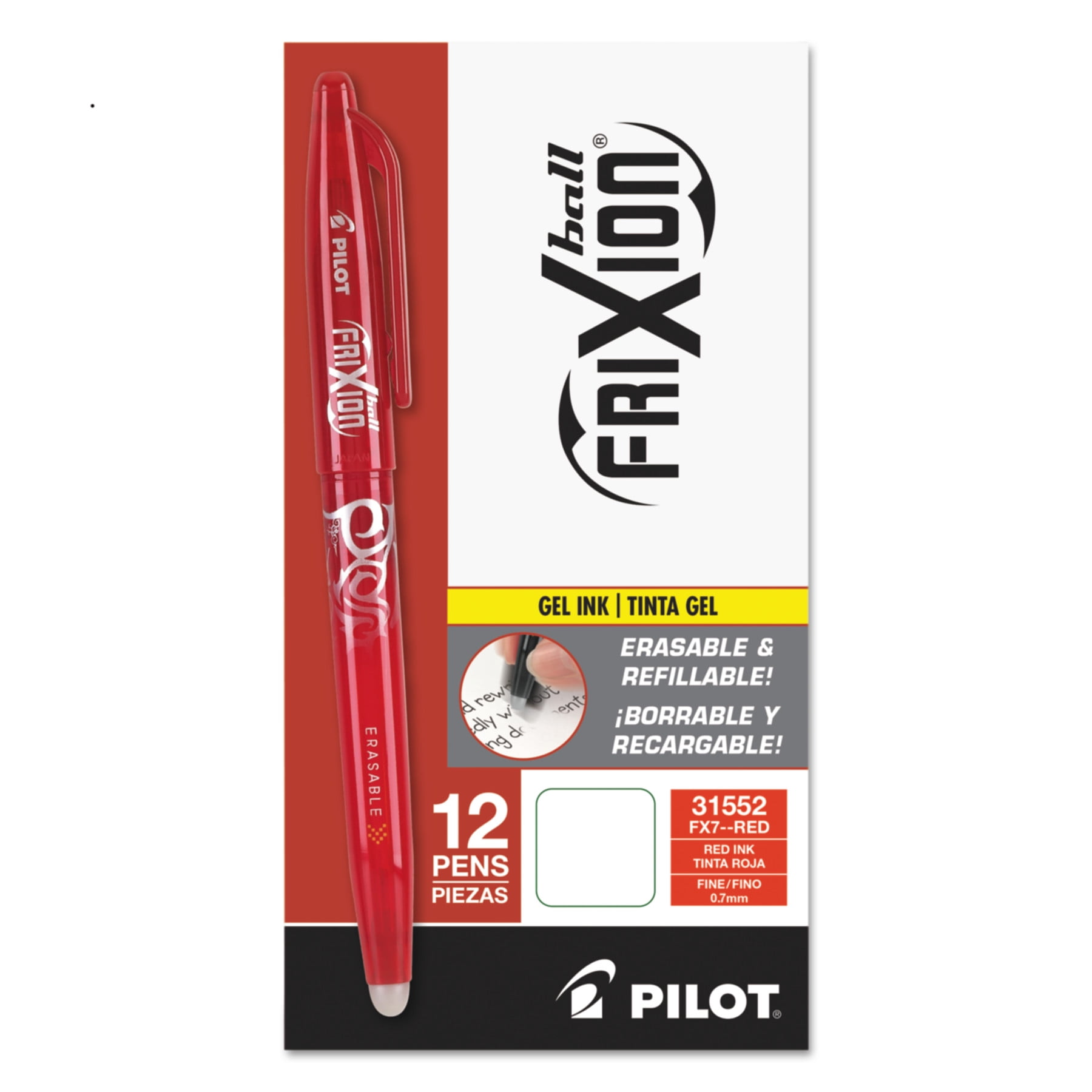 Pilot FriXion Ball Erasable Gel Ink Stick Pen, Red Ink, .7mm, Dozen