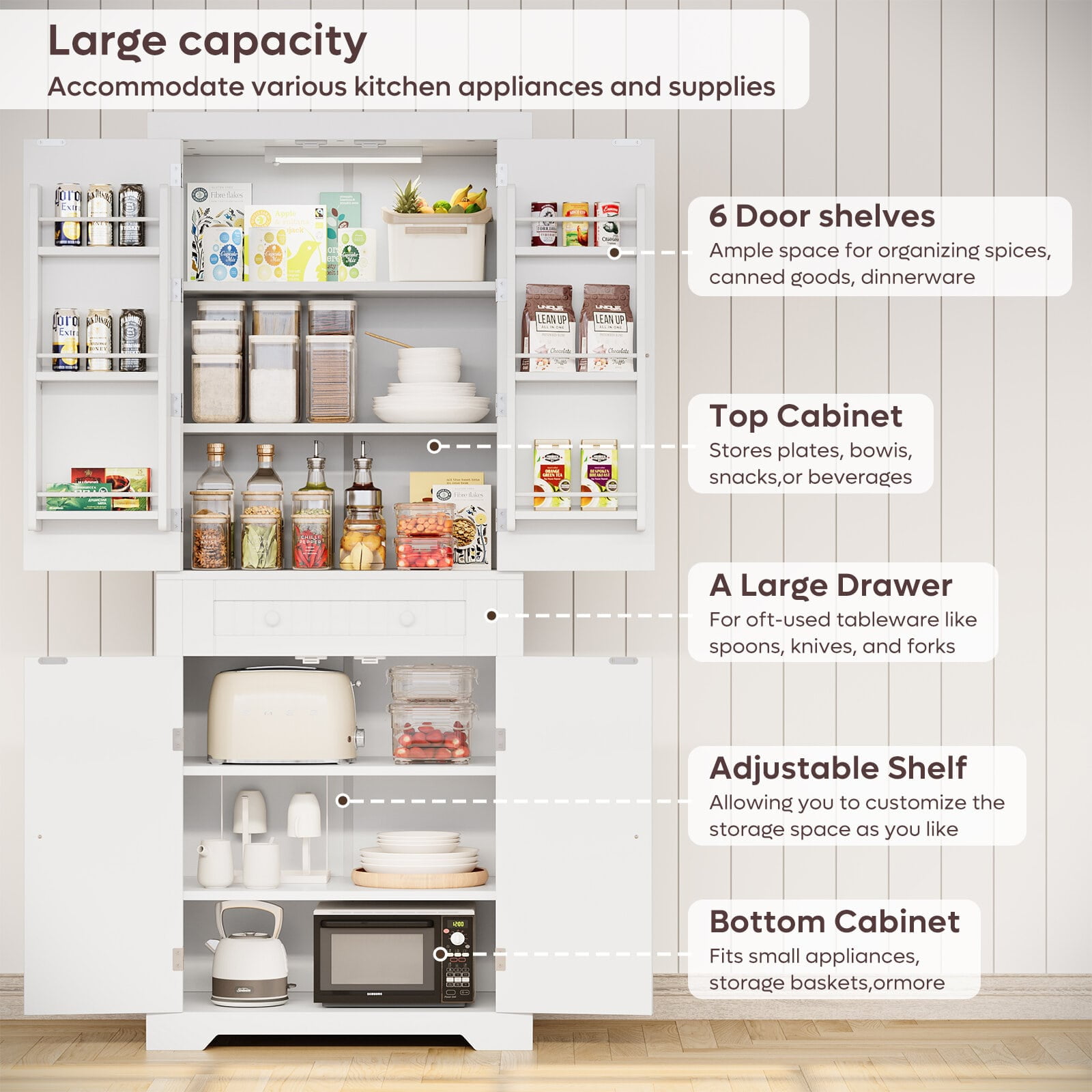 Bestier 72" Tall Kitchen Pantry Storage Cabinet with Doors and Shelves, Food Pantry Cabinet with Motion Sensor Light, White