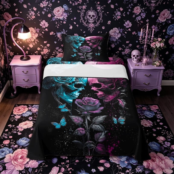 Castle Fairy Neon Gothic Skull Couple Twin Sheets 3pcs,Halloween Butterfly Rose Bedding,Cyan Magenta,1 Fitted Sheet,1 Flat Sheet and 1 Pillowcase