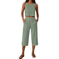 thumbnail image 3 of Women's 2-Piece Linen-Look Lounge Set, Sleeveless Crop Top with High Waist Drawstring Capri Pants, Summer Casual Beach Vacation Outfit Mint Green XL, 3 of 7