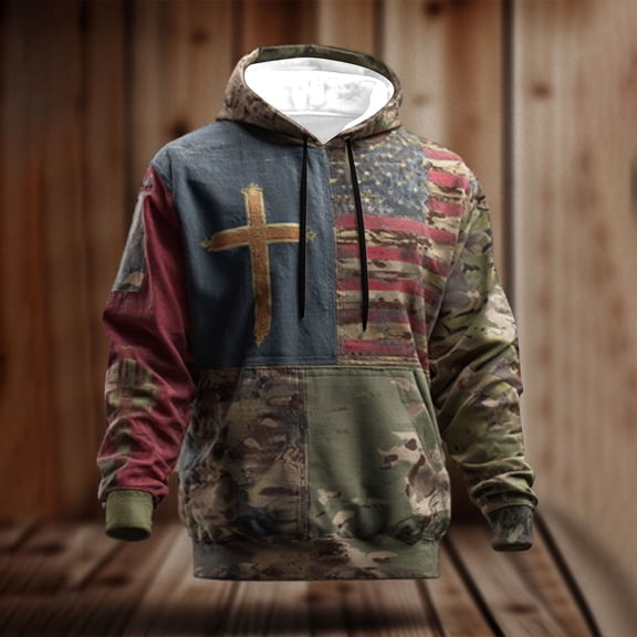 SYMOID Men's Army Green American Flag Cross Camouflage Pullover Hoodie, 100% Polyester Quick Dry, Kangaroo Pocket & Drawstring Hood, Size L