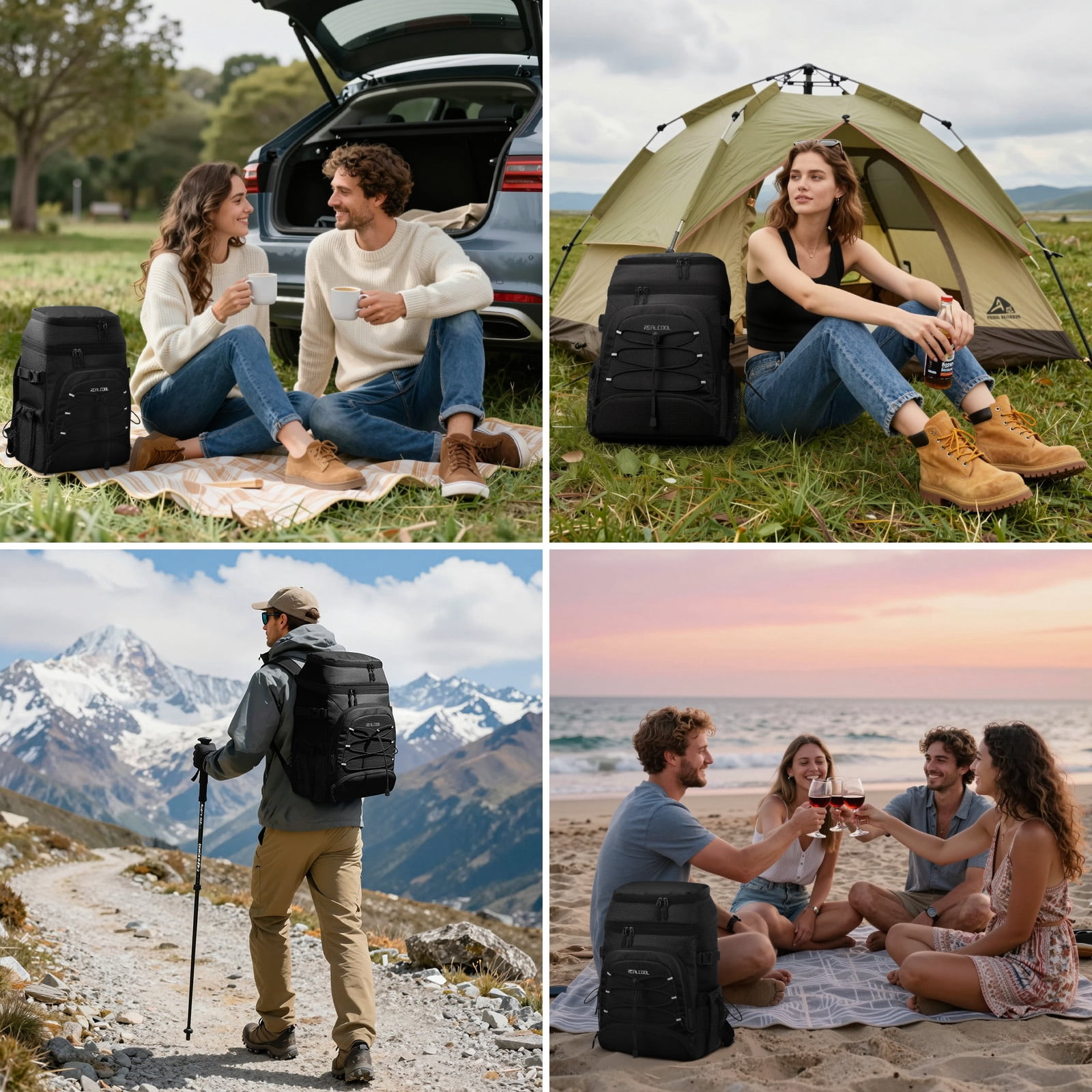 Realcool Backpack Cooler，33 Cans Insulated Leakproof Soft Cooler Bag Lightweight Camping Beach Lunch Backpack for Men Women Black