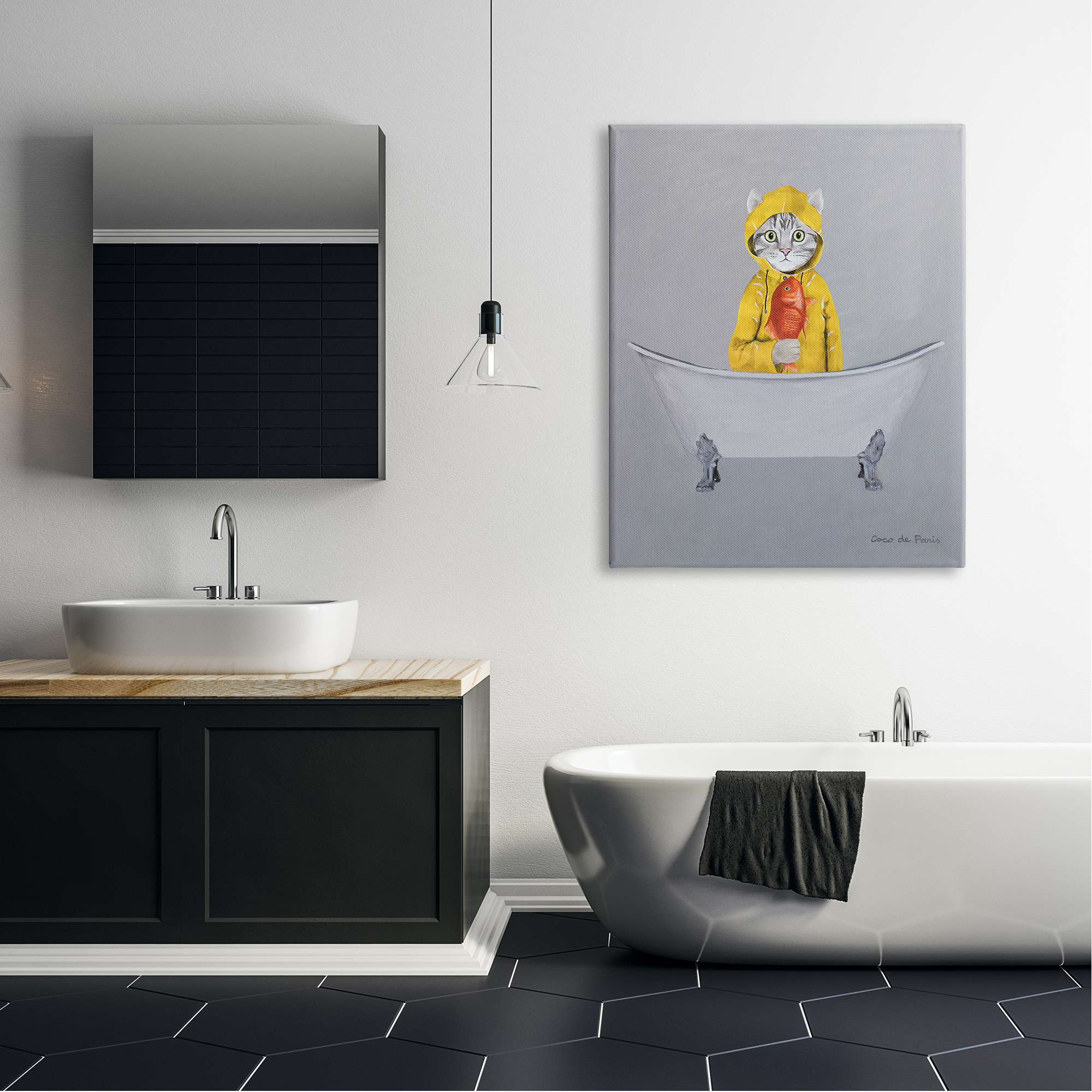 Stupell Industries Cat Fish Yellow Raincoat Claw Foot Bathtub , 36 x 48, Design by Coco de Paris