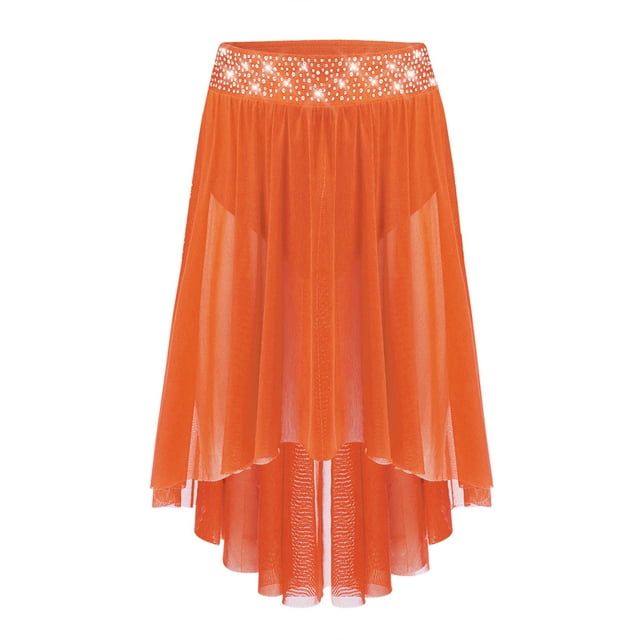 Sxiwei Kids Girls Rhinestones Lyrical Dance Skirt Irregular Mesh Ballroom Dancewear Performance Costume Orange 6