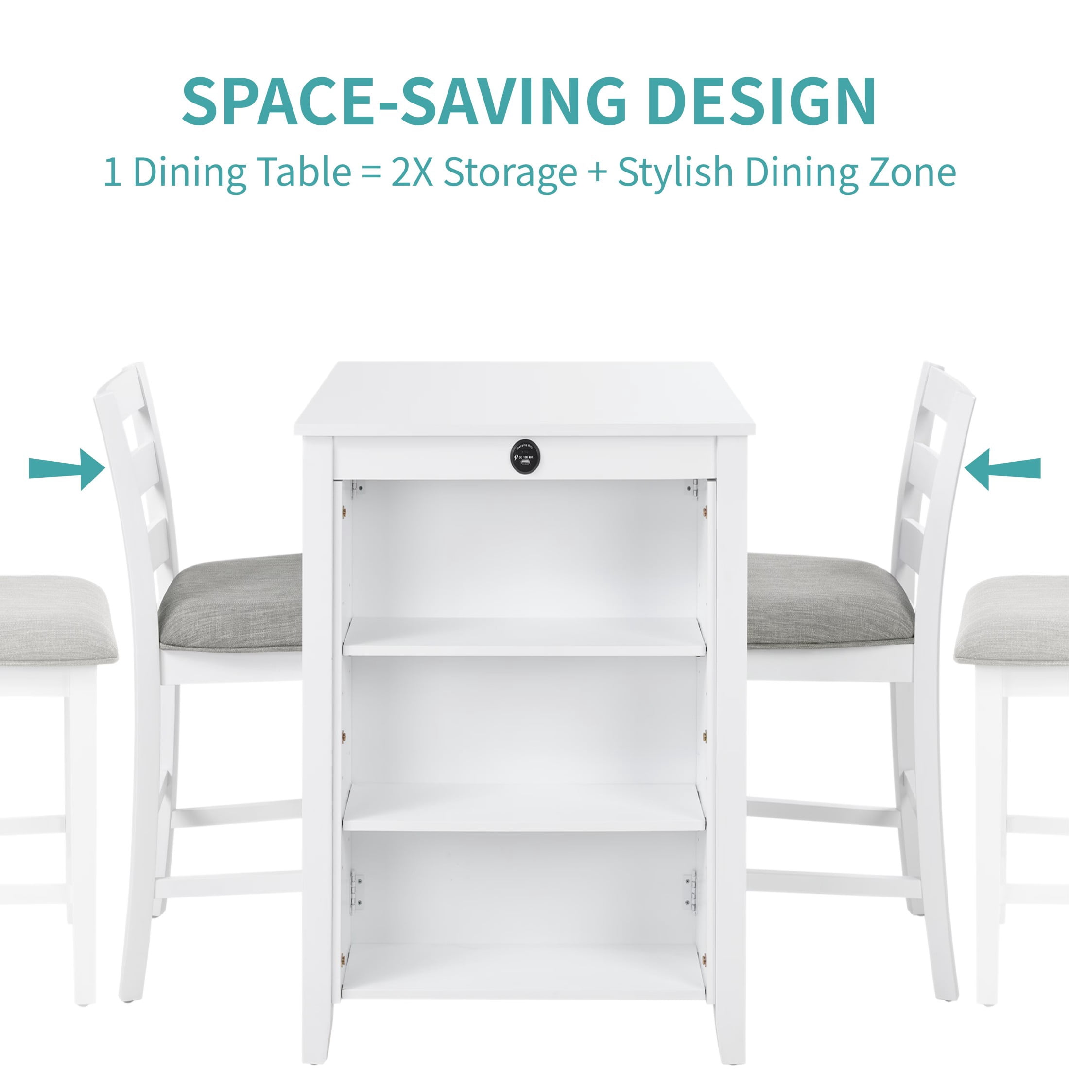 Aukfa 2 - Person Solid Wood Top Dining Table Set with Charging Station & 3-Tier Shelves, 36"L Dining Table with 2 Upholstered Chairs for Compact Kitchen, White