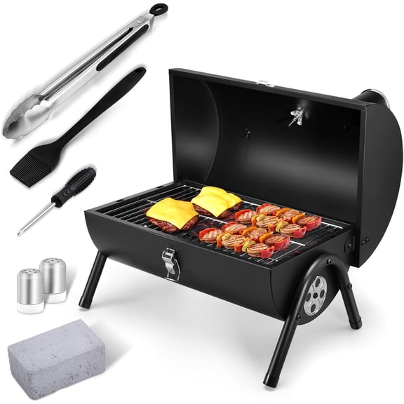 Portable Charcoal Grill Set, Small Tabletop Barbecue Grill with Accessories Tools for Outdoor Camping BBQ Grilling Backyard Party Cooking, Heavy Duty & Innovative Design, Thermometer & Chimney