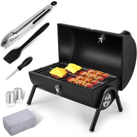 Portable Charcoal Grill Set, Small Tabletop Barbecue Grill with Accessories Tools for Outdoor Camping BBQ Grilling Backyard Party Cooking, Heavy Duty & Innovative Design, Thermometer &Chimney