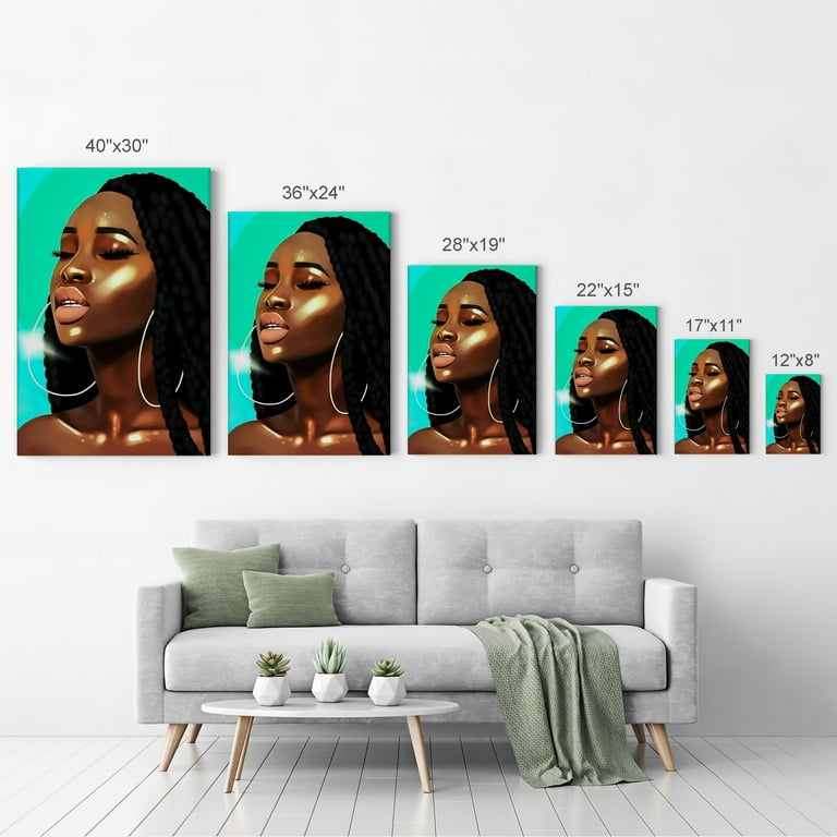 Smile Art Design Sexy Box Braid Haired African American Woman in Teal Blue  Modern Art Digital Painting Canvas Print Wall Art African Living Room  Bedroom Art Home Decor Ready to Hang Made
