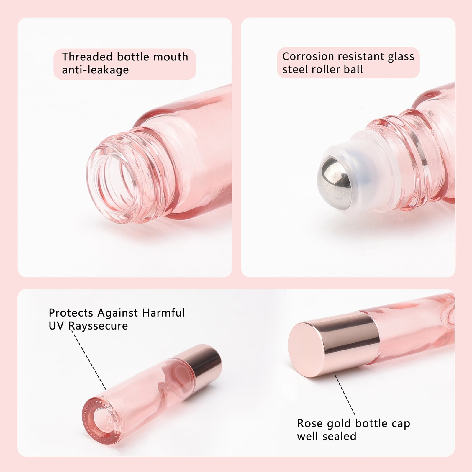 Glass Roll on Bottles 33Pcs 10ml Bright Rose Gold Roller Bottles Vials for Perfumes Aromatherapy Essential Oils Lip Balm Liquid, Accessories include