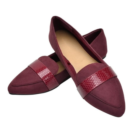 hopeusnice Women s Pointed Toe Loafers Slip On Flats Suede Leather Shoes Comfortable Work Wedding Party Dress Shoes Wine 40