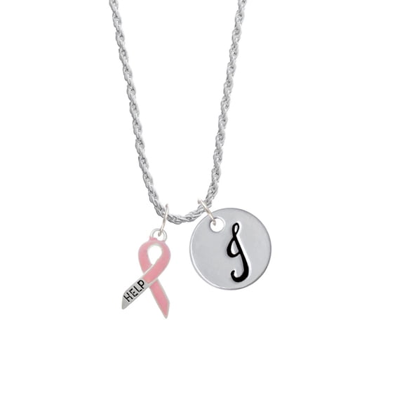 Delight Jewelry Pink Ribbon ''Help'' Silvertone Script Initial Disc - J - Charm Necklace, 20"+3"