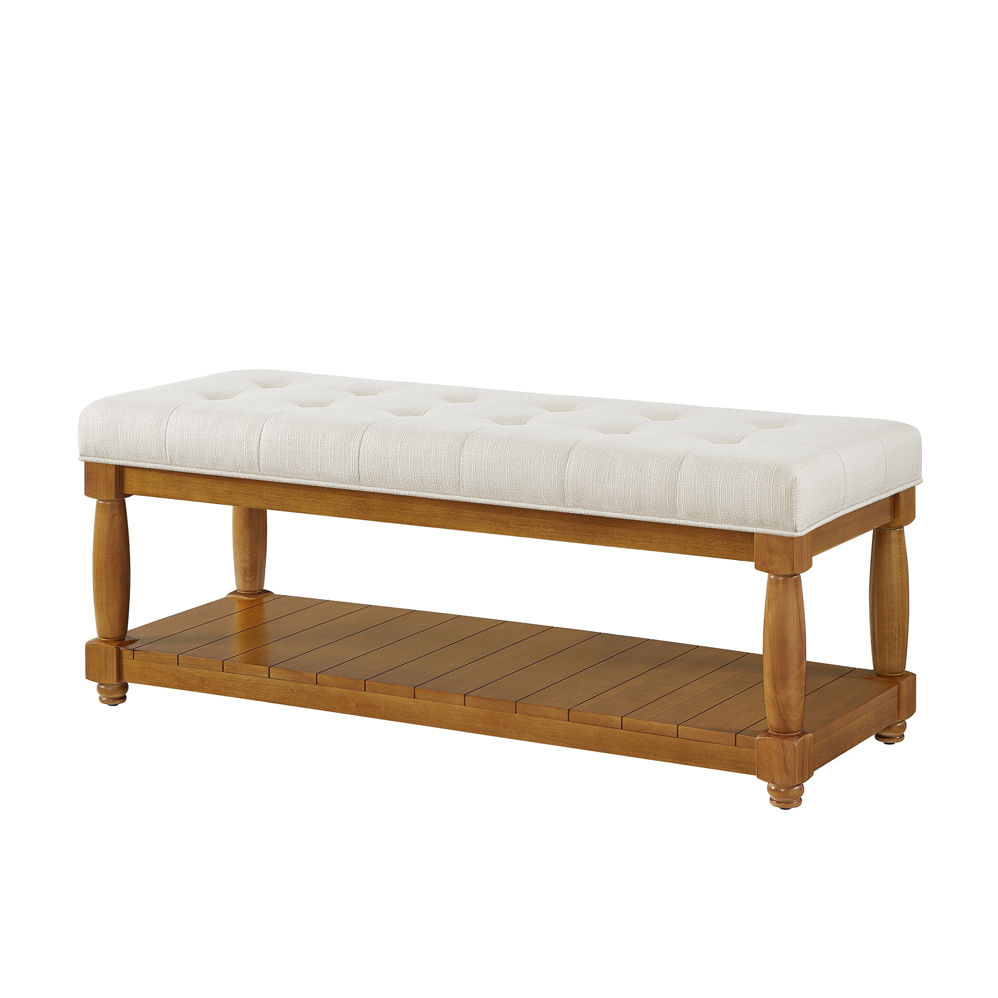 Upholstered Linen Bench with Storage Shelf - Tufted Ottoman Bench for Bedroom Entryway Living Room, Solid Wood Spindle Legs Accent Furniture
