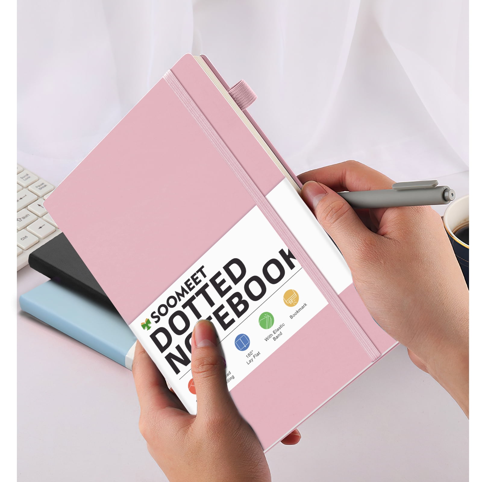 1Pack Small Journal Notebook,Hardcover Journals for Women Men,Dotted,Grid,Pen Loop, Stickers,A6,100 gsm Thick Paper,160 Pages,3.6in x 5.6in