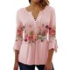 thumbnail image 1 of Top de manga 3/4 para mujer, estampado floral con botones, cintura plisada, dobladillo suelto, camisa con cuello en V para mujer, Top para fiesta y trabajo, Rosa M, 1 of 6