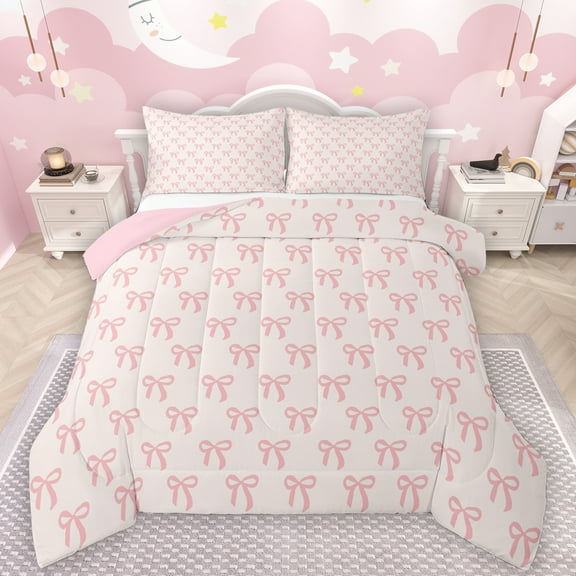 Manfei Kawaii Bow Tie Bedding Comforter Set,Cartoon Bowknot Ribbon Twin Comforter Sets,Girls Pink Bowtie Bedding Set For Kids,Super Cozy Room Decor Reversible,2 Pieces