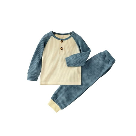 

Qiylii Children Contrast Color Clothes Set Button-up Long Sleeve T-shirt+Trousers