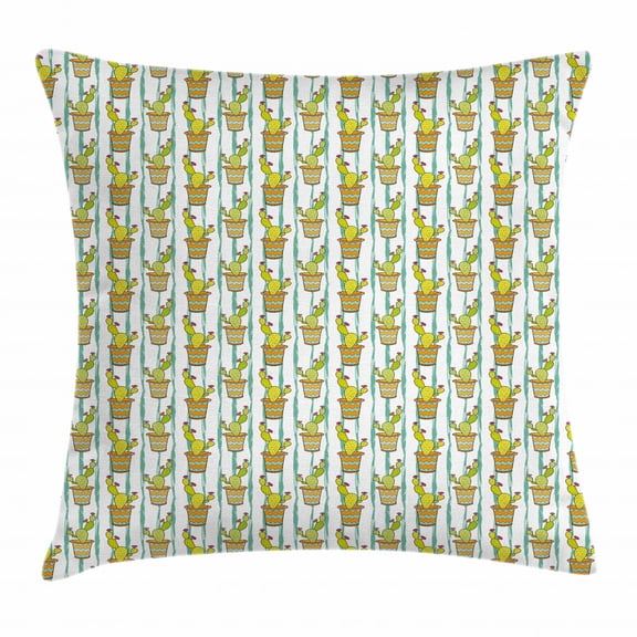 Cactus Throw Pillow Cushion Cover, Vertical Lined Cartoon Drawing Style Zigzag Chevron Pattern Flowers in Pots, Decorative Square Accent Pillow Case, 24 X 24 Inches, Green Orange Mint, by Ambesonne